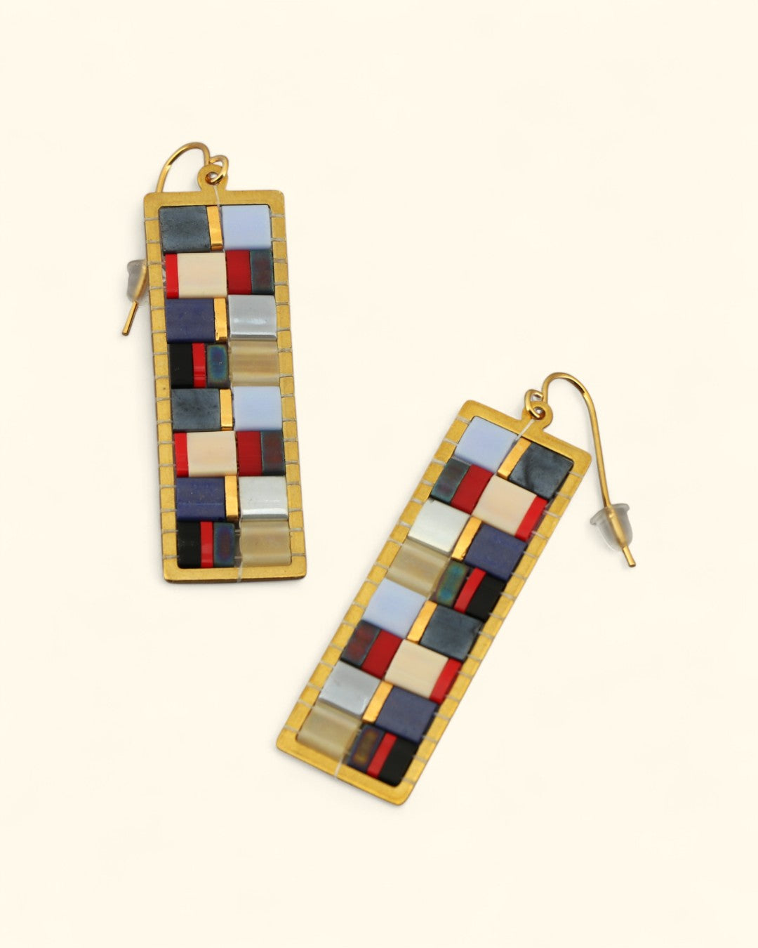 Modern Mosaic Tila Bead Earrings in Brass Frame