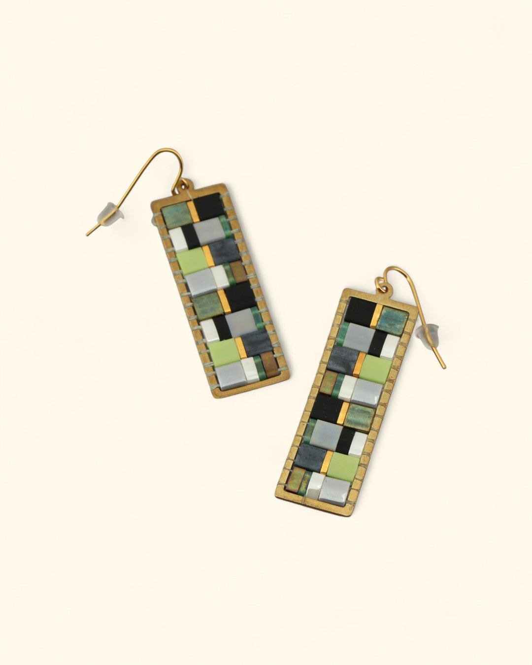 Modern Mosaic Tila Bead Earrings in Brass Frame