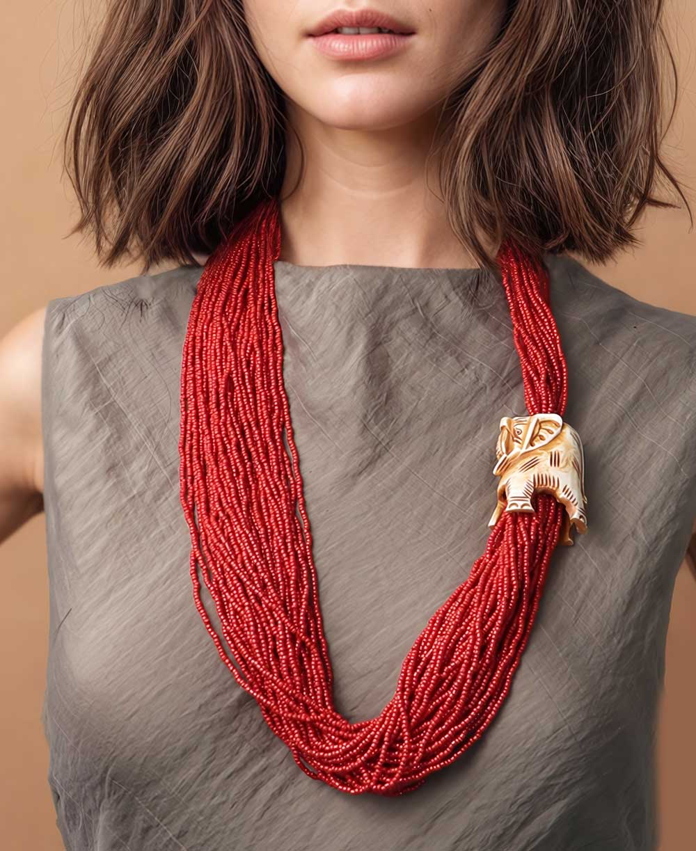 Carved Elephant with Multi Strand Glass Beads Long Necklace, Red