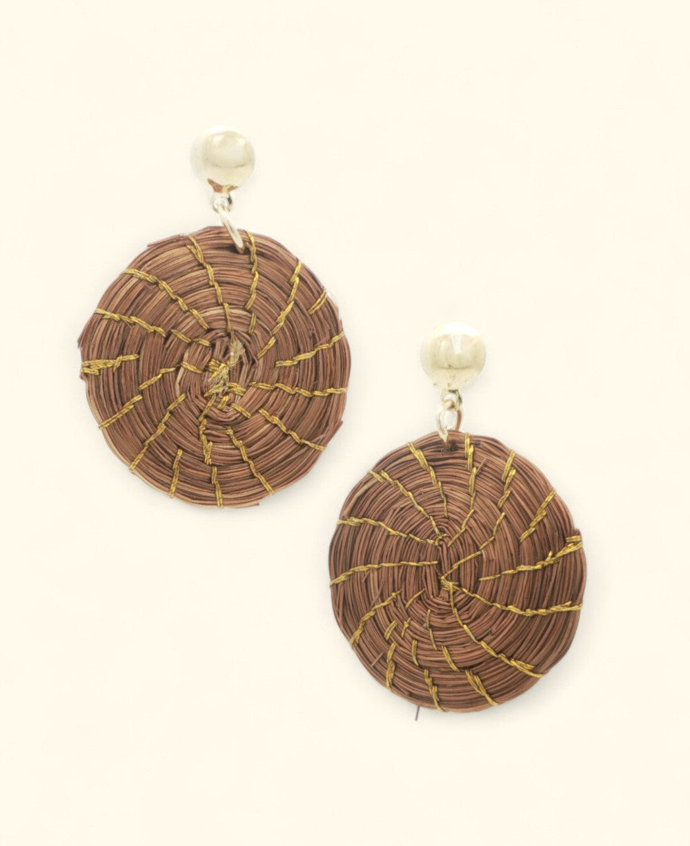 Brazilian golden grass spiral earrings with brass posts