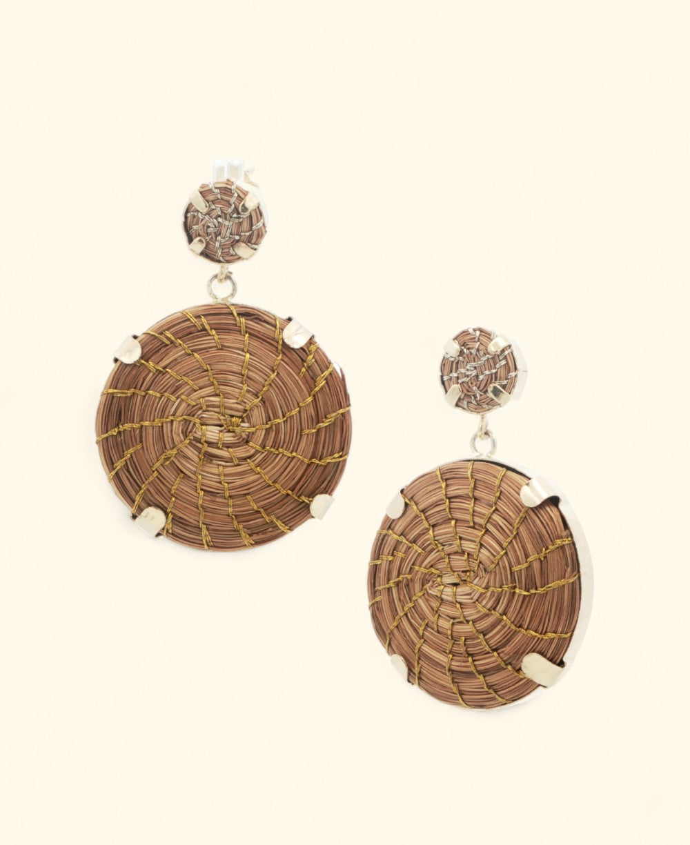 Brazilian golden grass disc earrings with brass prong setting