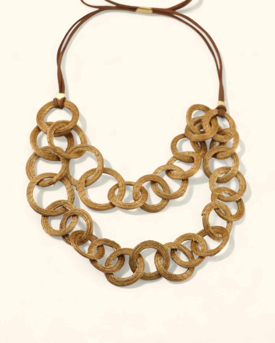 Brazilian golden grass chain-link necklace with adjustable leather tie