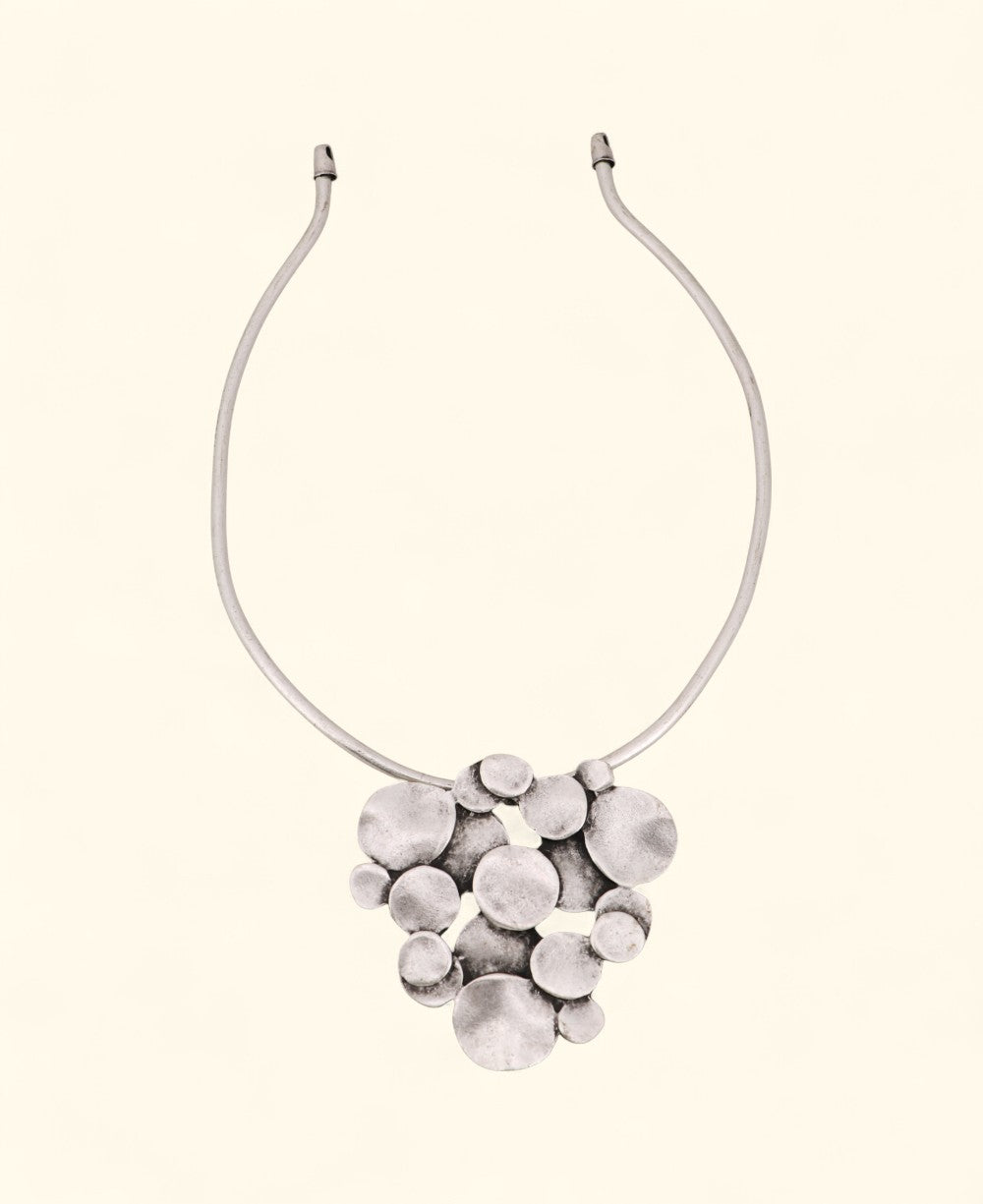 Sculptural pewter collar necklace with clustered discs