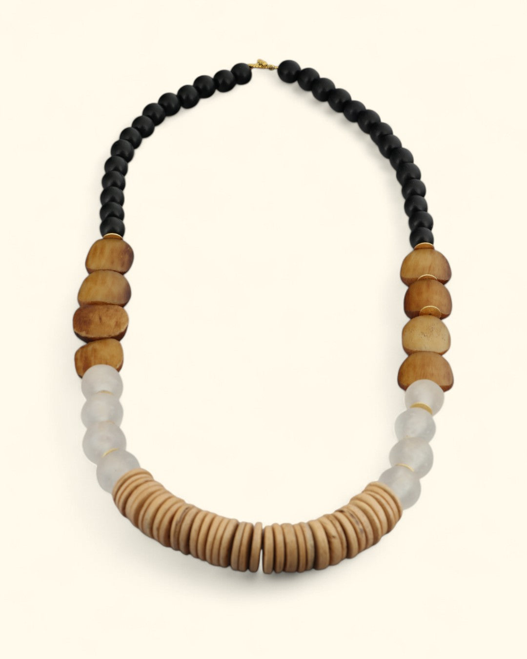 Long artisan necklace with African bone and coconut wood
