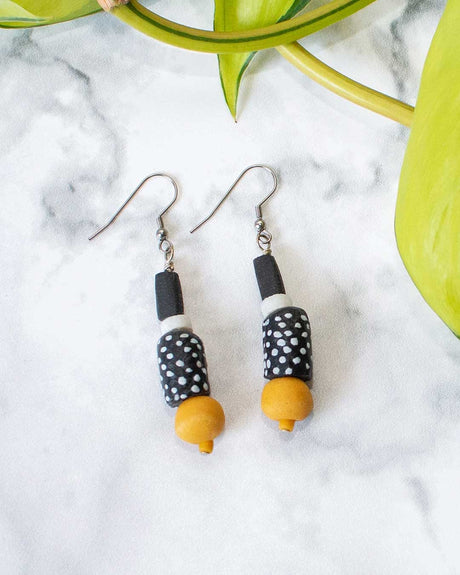 Polka dot and mustard bead African earrings