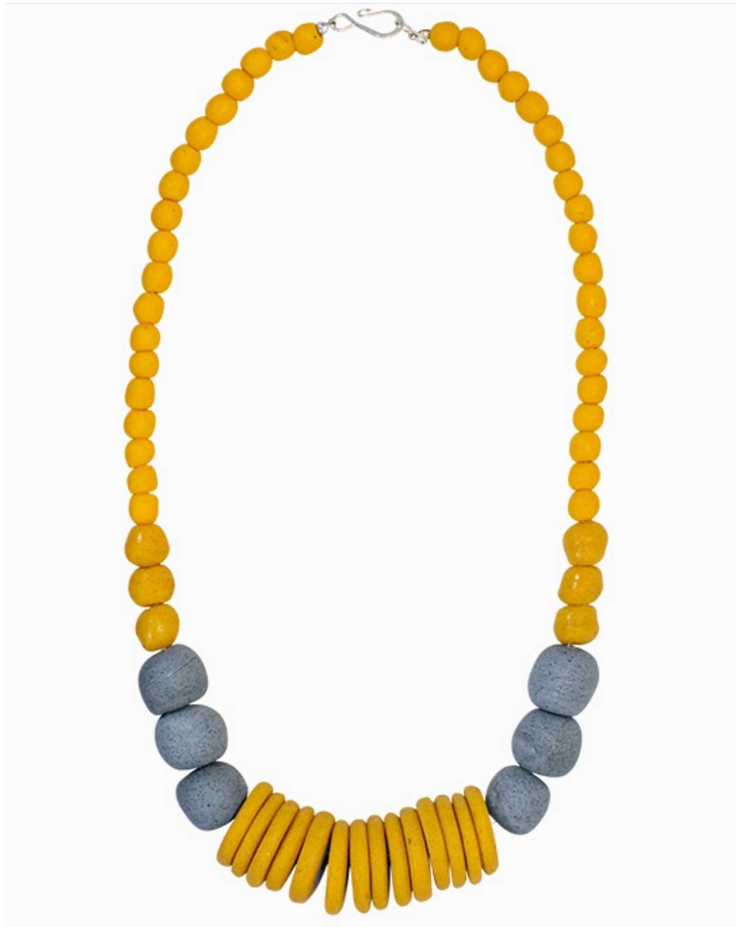 Yellow and grey recycled glass bead necklace from Ghana