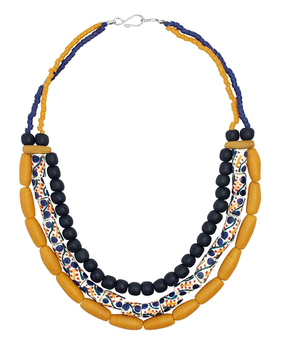 Close-up of hand-painted multi-row glass bead necklace from Ghana