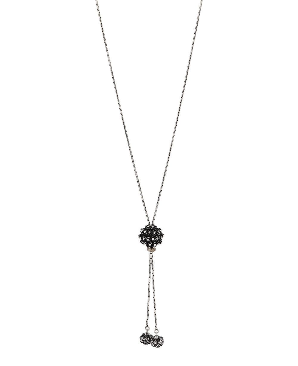 Hill-Tribe silver lariat necklace with floral sphere and beaded ends