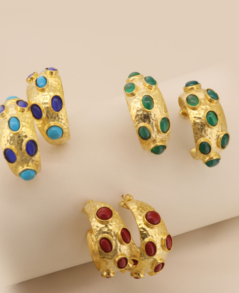 Gold Plated Brass Hoop Earrings featuring vibrant agate stones embedded on the wide circumference