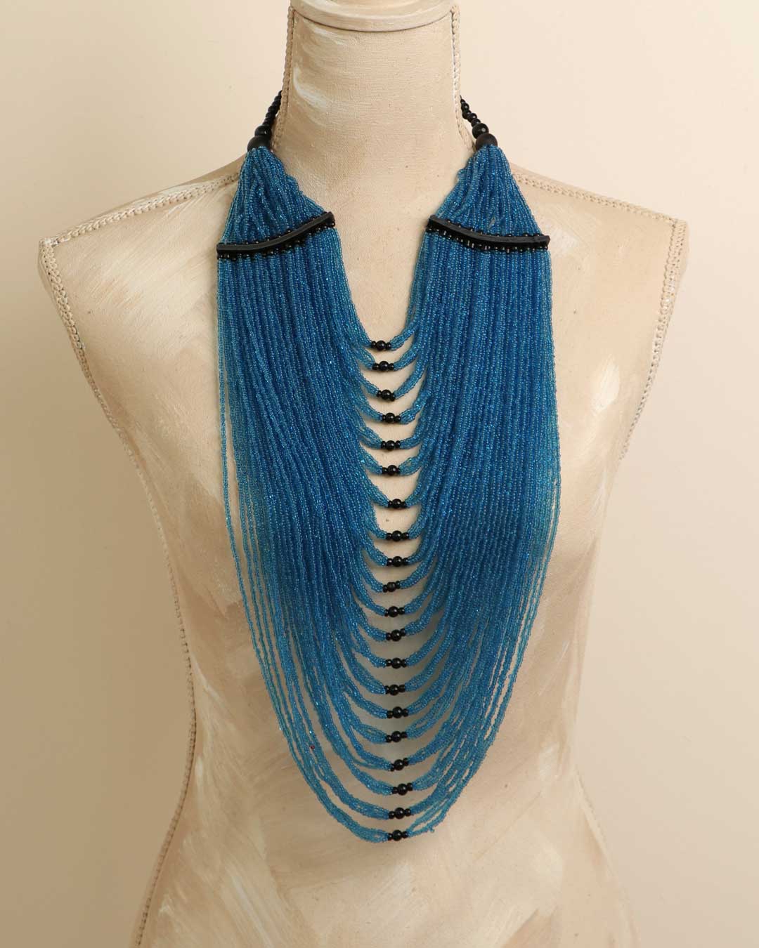 Blue glass bead fringe necklace from Ghana
