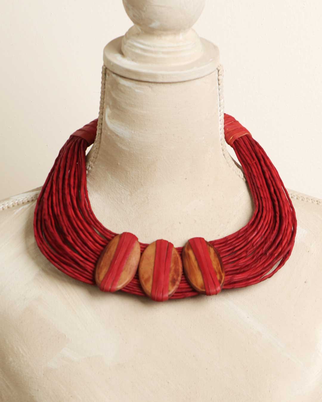 Red leather and horn statement necklace from Ghana