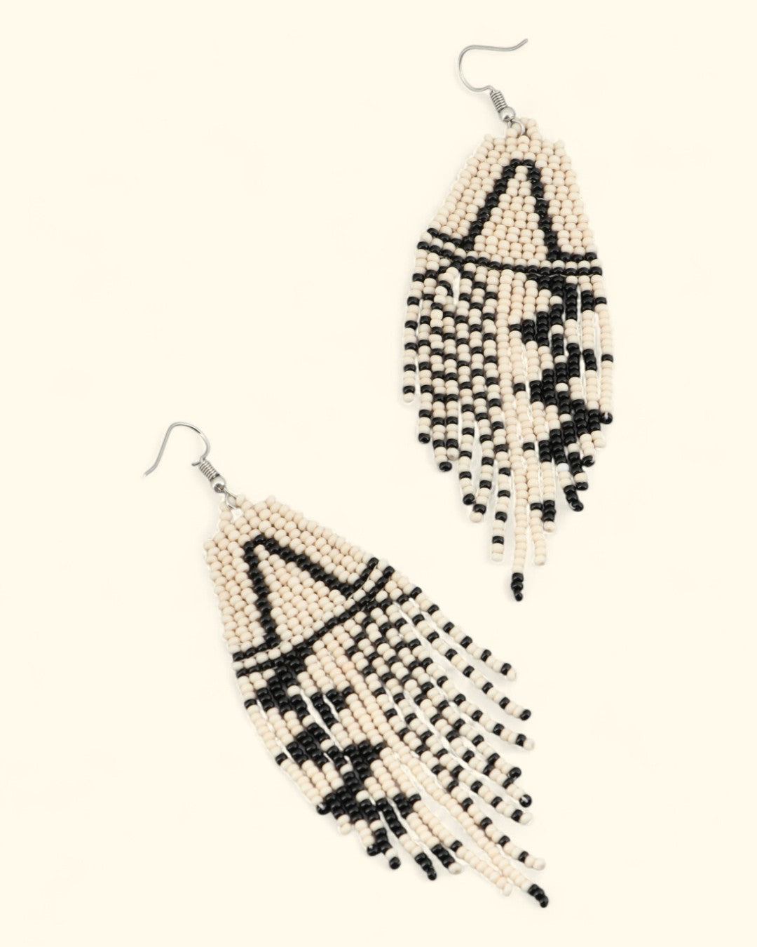 Black and cream fringe earrings handmade in Guatemala