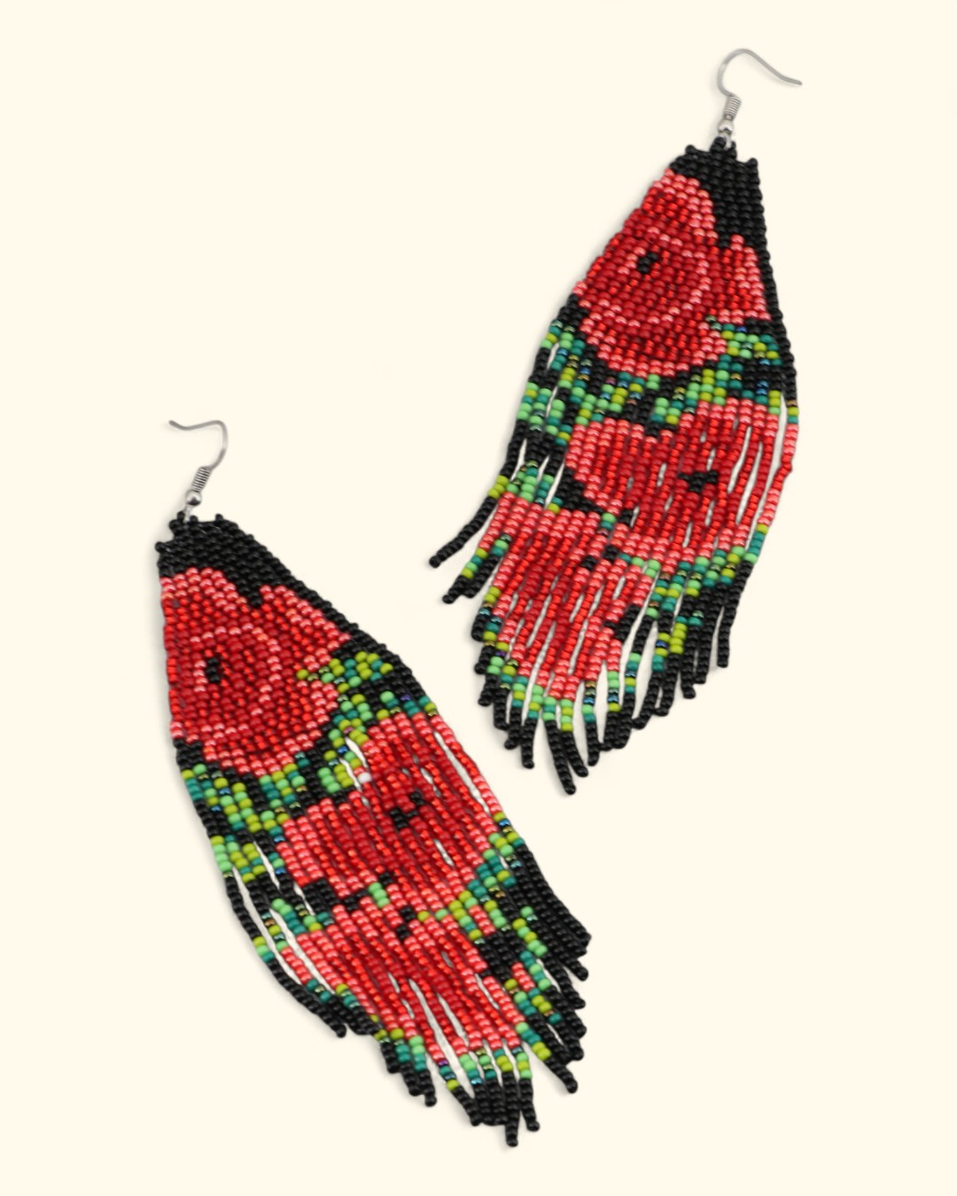 Long rose beaded earrings handmade in Guatemala