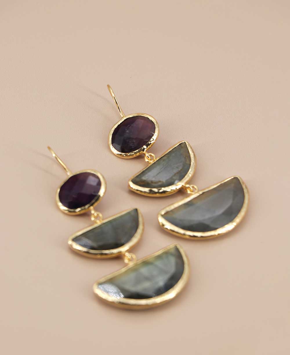 Dangling earrings with amethyst and moon-shaped labradorite