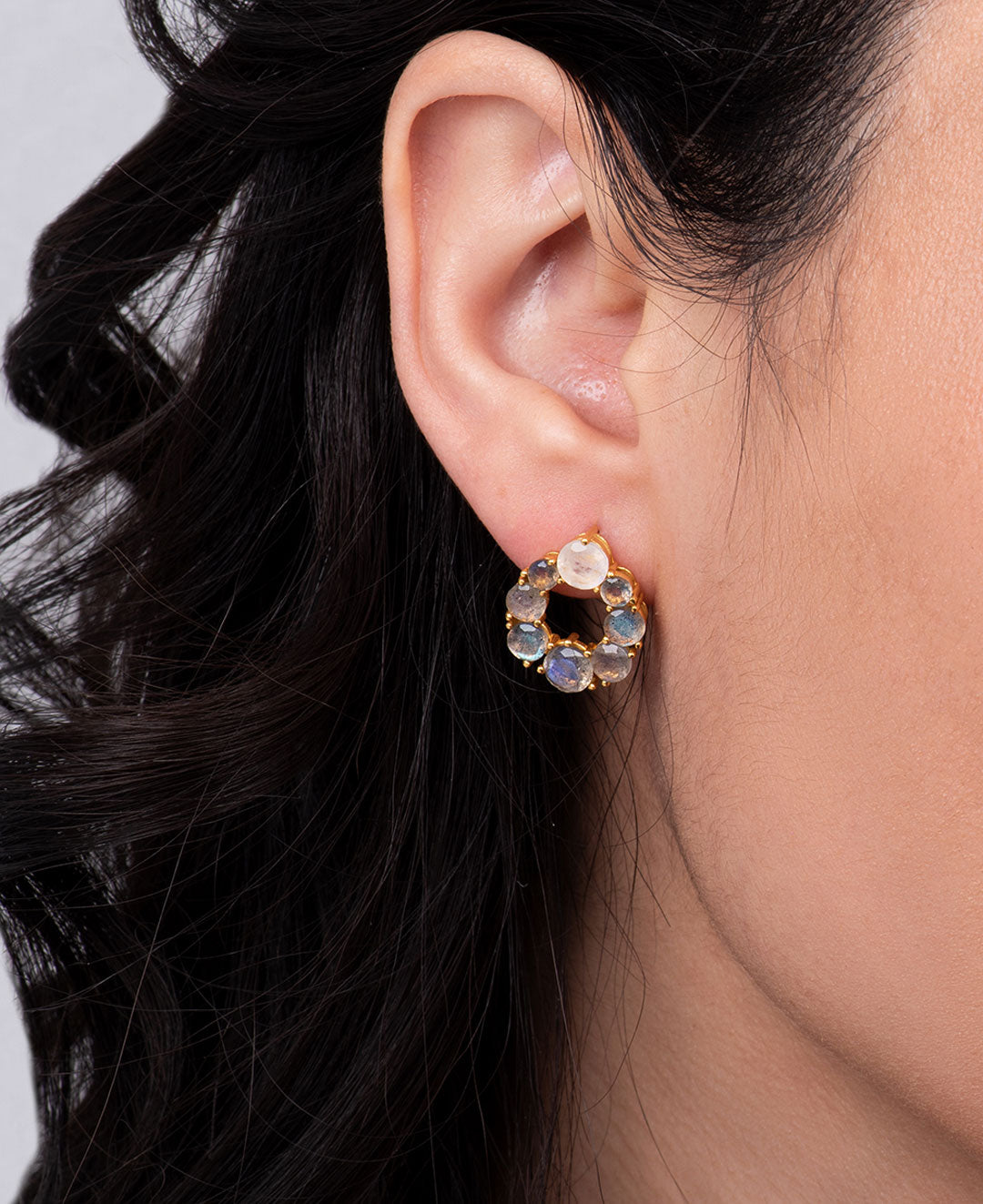 Gold Plated Labradorite Stud Earrings with Rainbow Moonstone