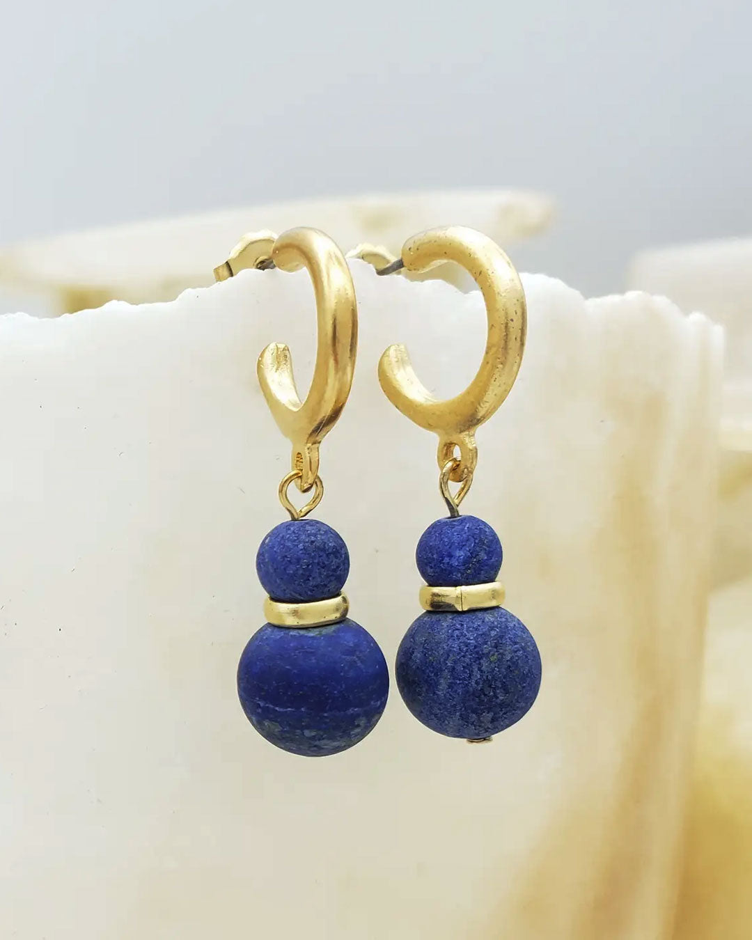 Sumerian Hoop Stud Earrings with Lapis Gemstone, USA