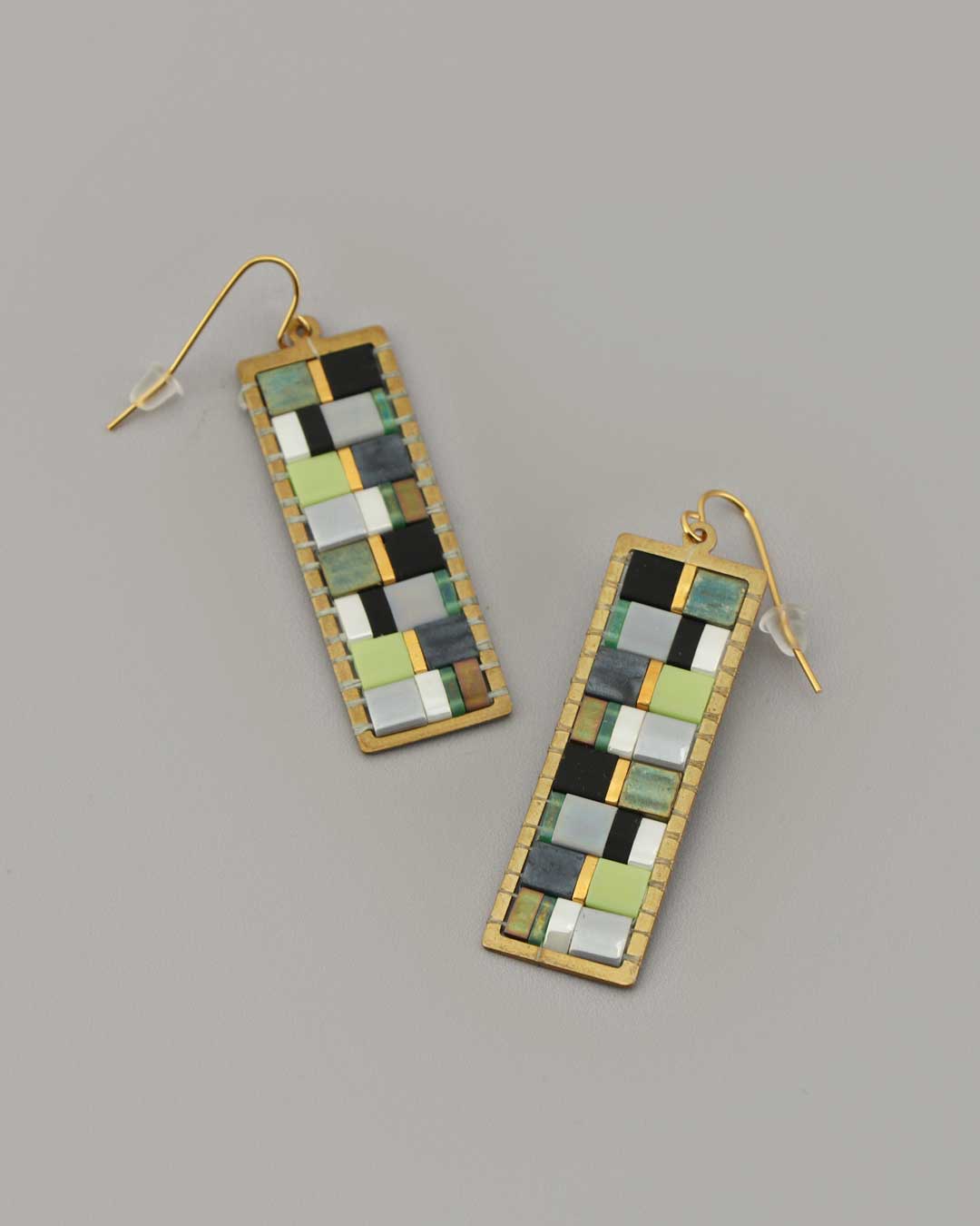 Mosaic rectangle earrings with Tila beads and brass frame
