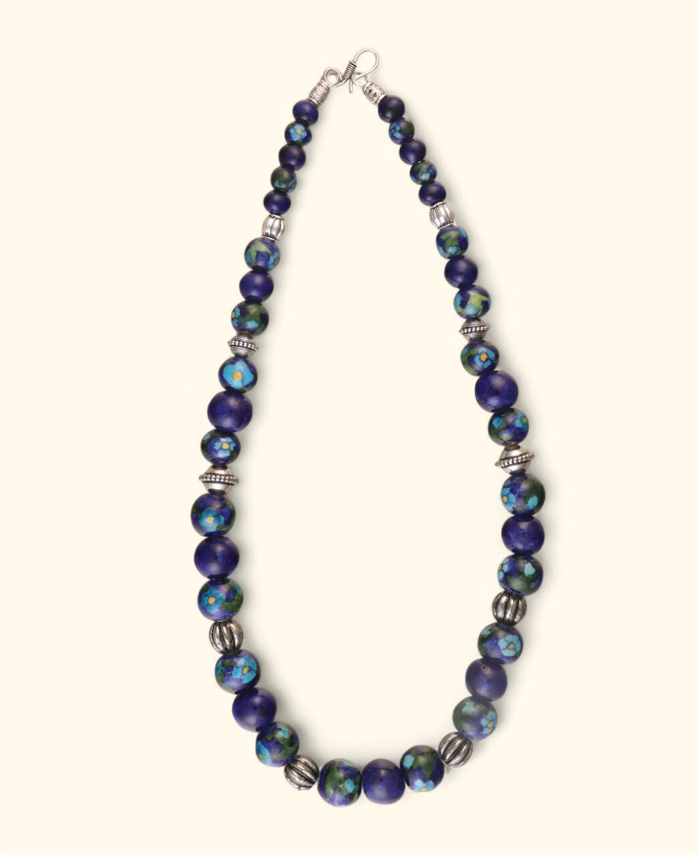 Hand-Painted Blue Pottery Bead Necklace with Floral Patterns