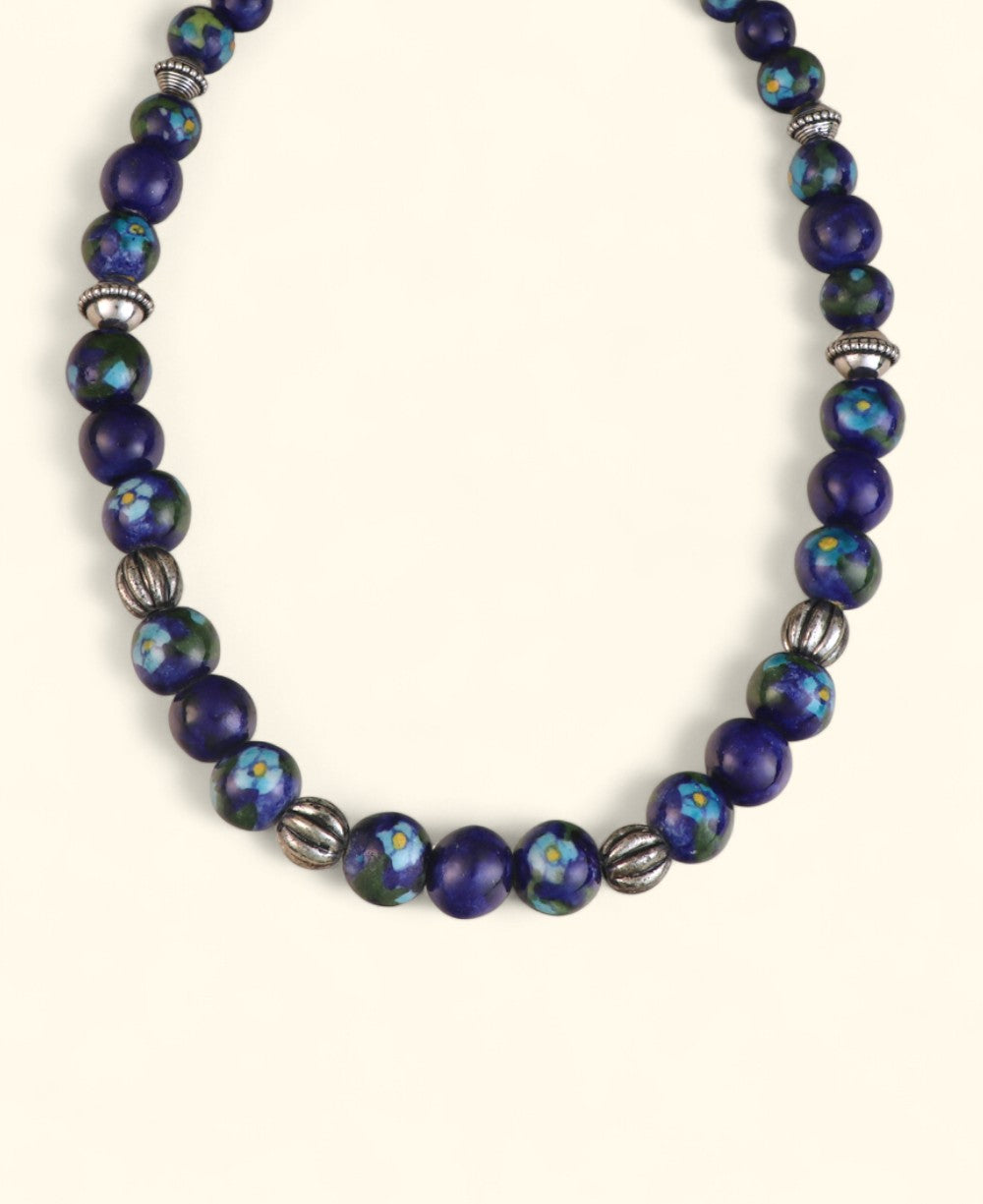 Hand-Painted Blue Pottery Bead Necklace with Floral Patterns