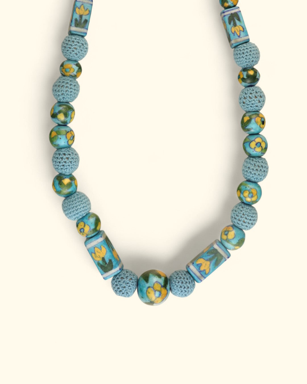 Hand-Painted Floral Ceramic Bead Necklace with Crochet Work