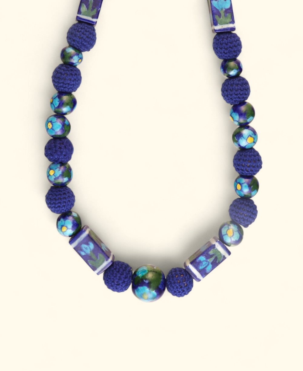 Hand-Painted Floral Ceramic Bead Necklace with Crochet Accents