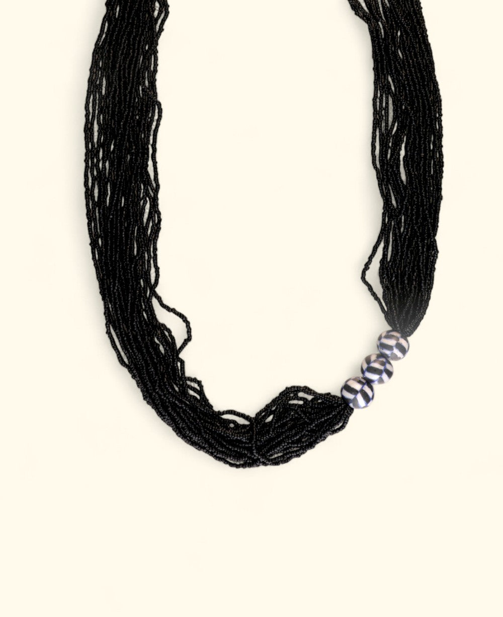 Multi-Strand Black Glass Bead Necklace with Hand-Painted Ceramic Accents