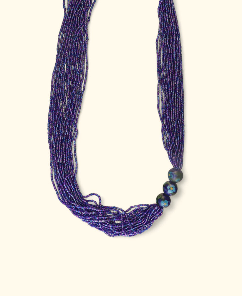 Multi-Strand Blue Glass Bead Necklace with Hand-Painted Ceramic Accents