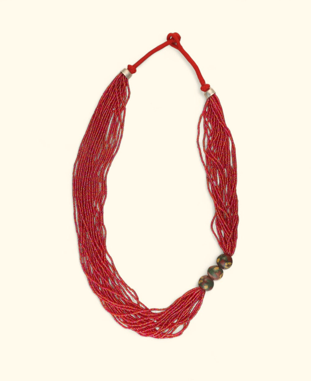 Multi-Strand Red Glass Bead Necklace with Hand-Painted Ceramic Accents