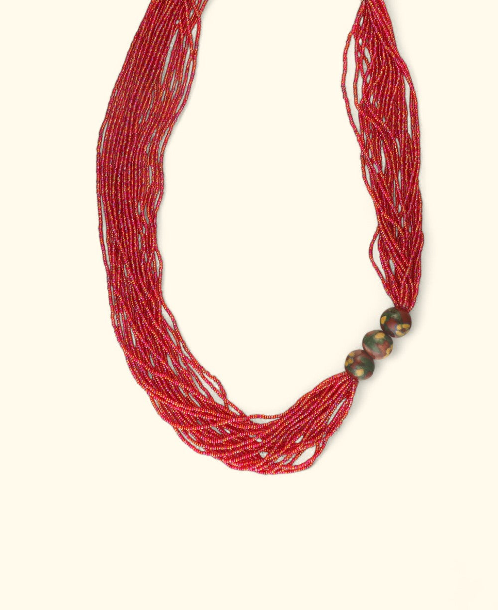 Multi-Strand Red Glass Bead Necklace with Hand-Painted Ceramic Accents