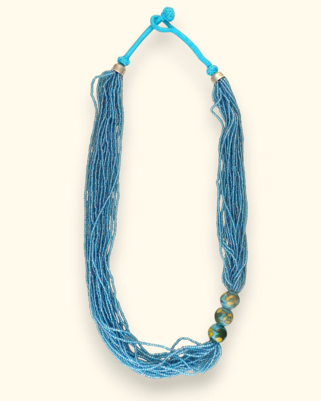 Multi-Strand Aqua Blue Glass Bead Necklace with Hand-Painted Ceramic Accents