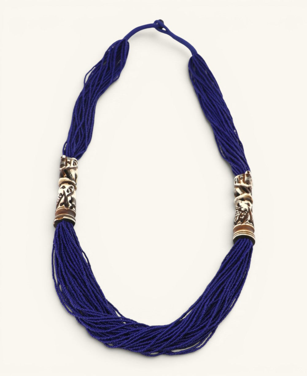 Elephant Carving Blue Beaded Statement Necklace