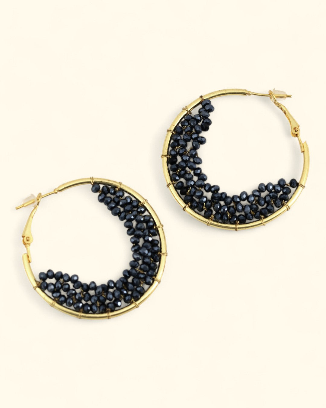 Crescent Black Beaded Hoop Earrings