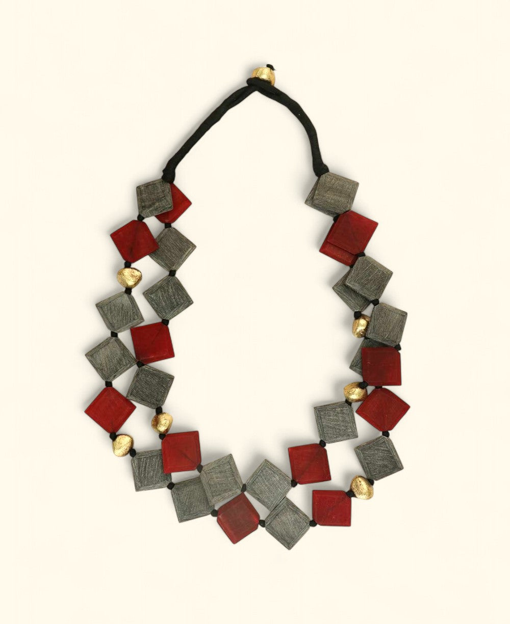 Double-Strand Deep Red and Gray Horn Necklace with Brass Accents