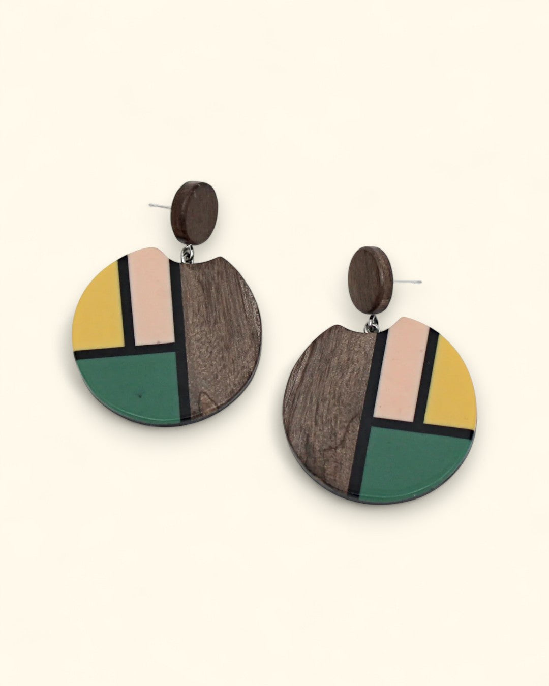 Color block wood earrings in natural, yellow, green, and pastel rose
