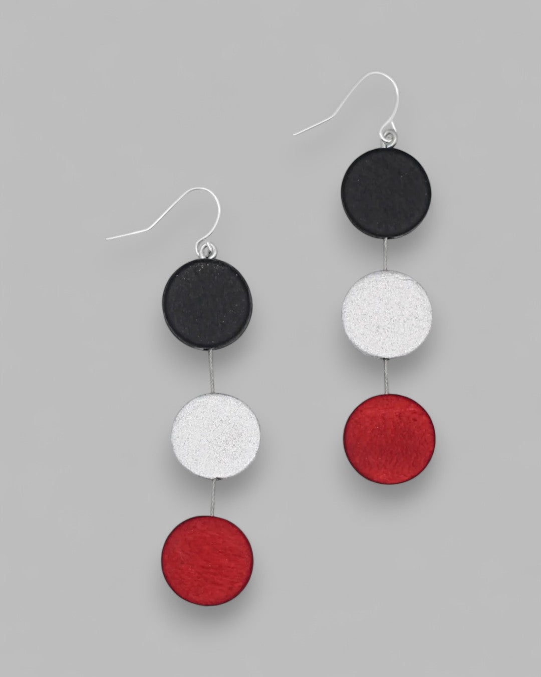 Black, white, and red wooden dangle earrings