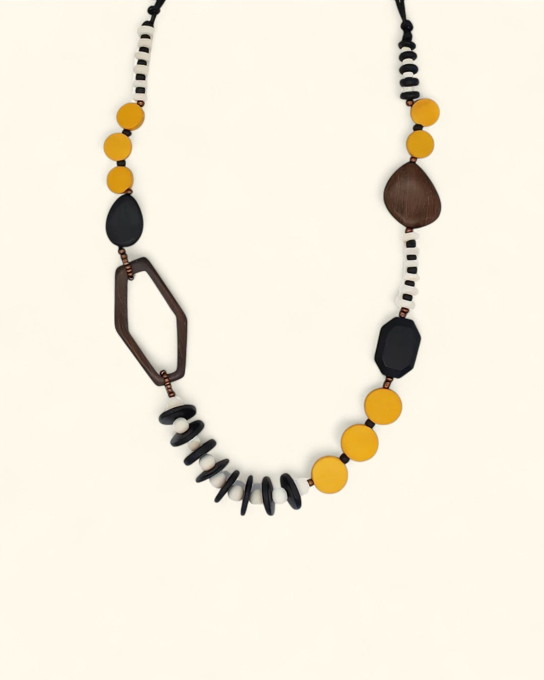 Mustard wood bead statement necklace with geometric design
