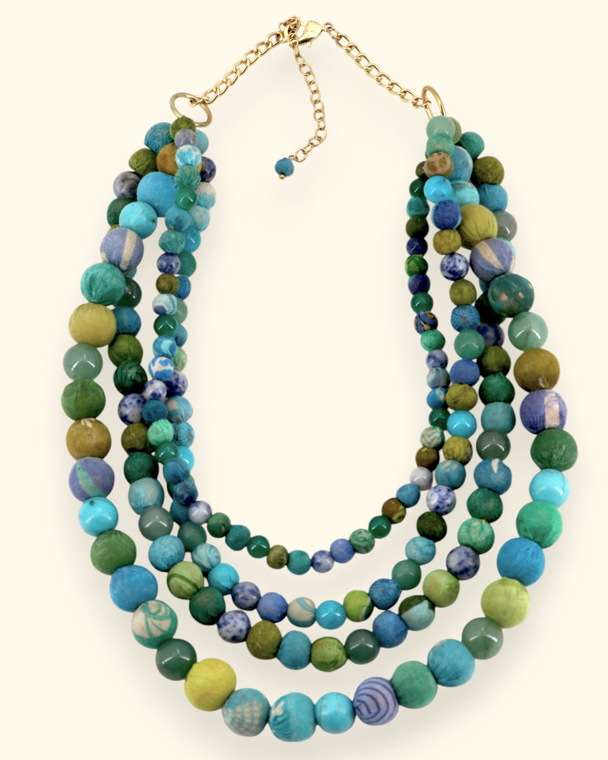 Multi-strand Kantha bead necklace in blue and green tones
