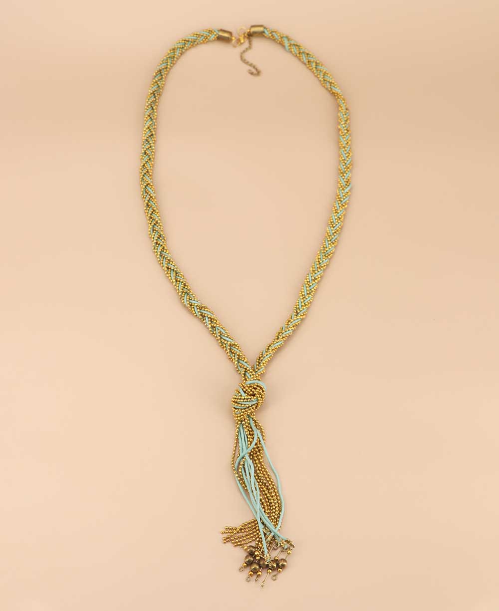 Artisanal aqua blue necklace with metal beads and threads