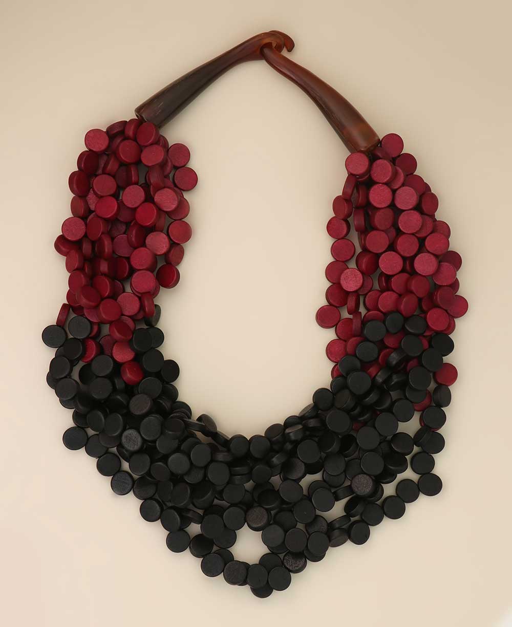 Red and black twisted wooden disc necklace
