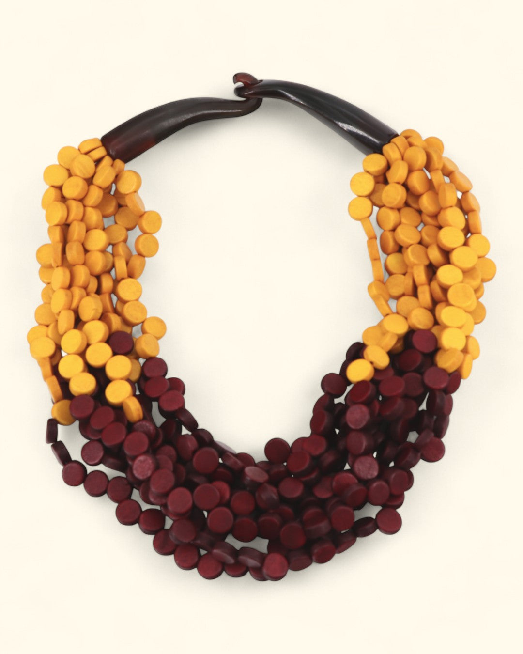Yellow and burgundy twisted wood necklace
