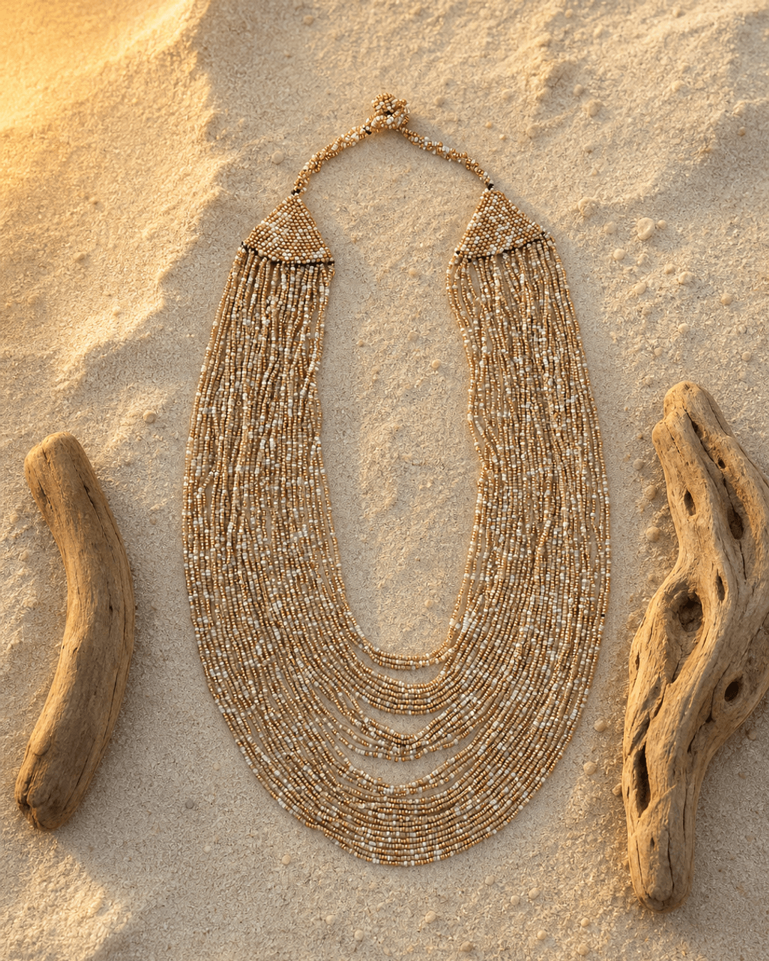 Beige and gold-tone multi-strand glass beaded necklace displayed on sandy pebble surface outdoors