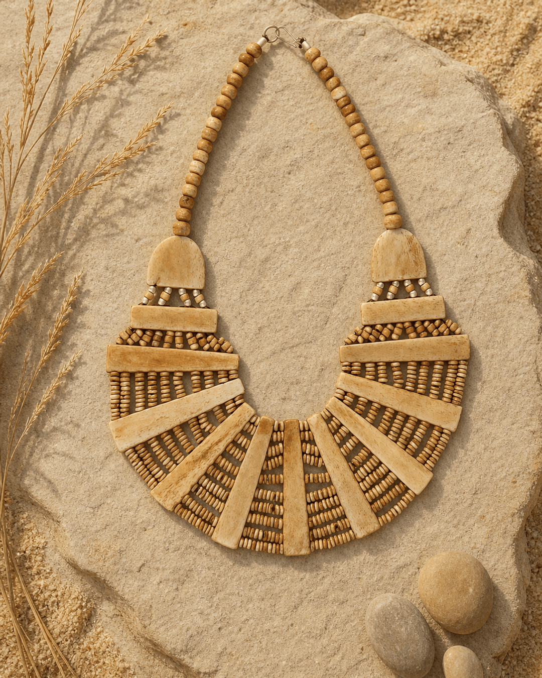 Beige statement bib necklace with layered tones displayed on sandy pebble outdoor surface