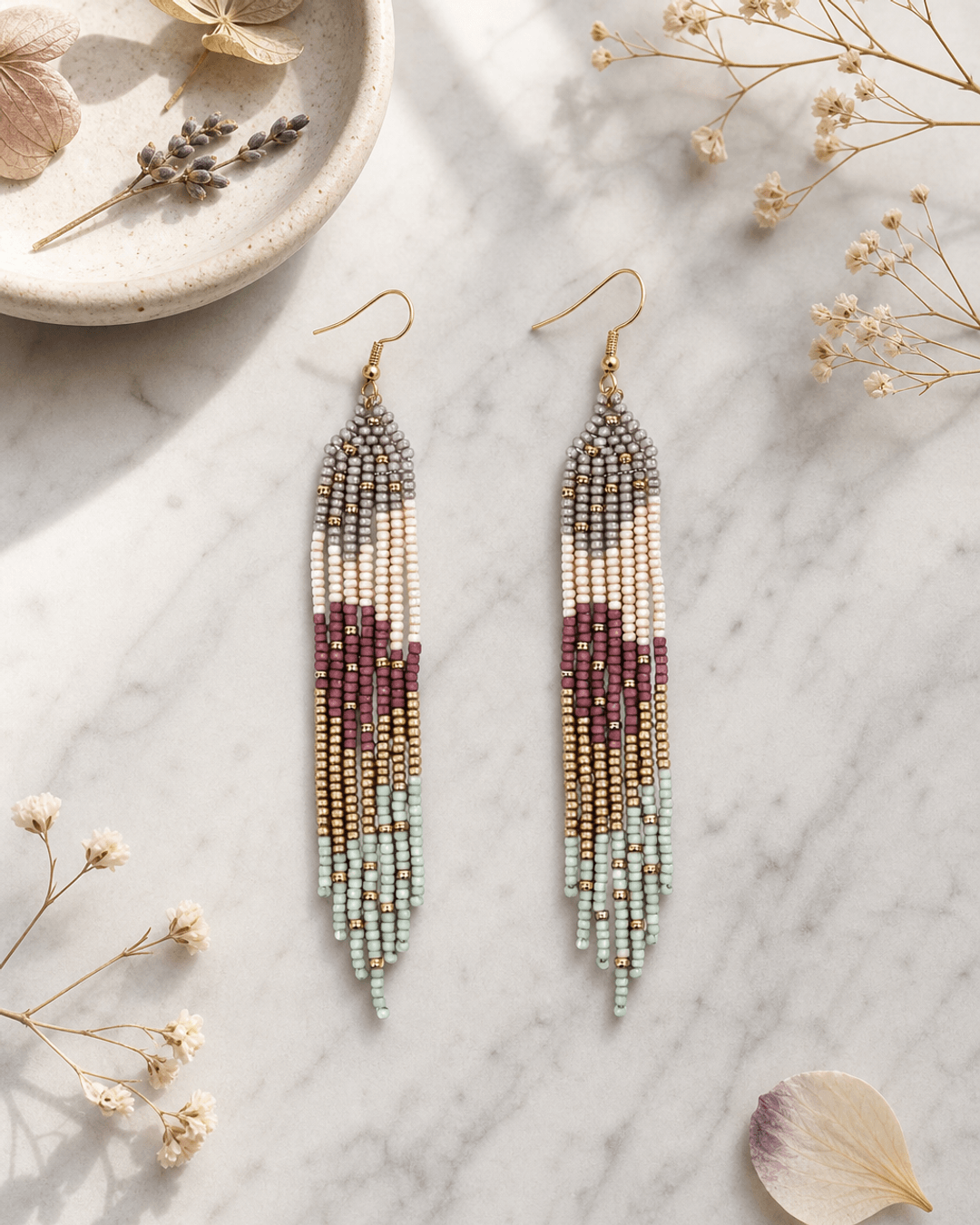 Blush Bloom Beaded Fringe Earrings — earrings, editorial marble lifestyle photo