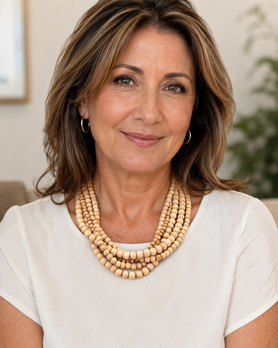 Five-strand bone bead layered necklace worn by a woman in a white top, close-up portrait showing drape at neckline