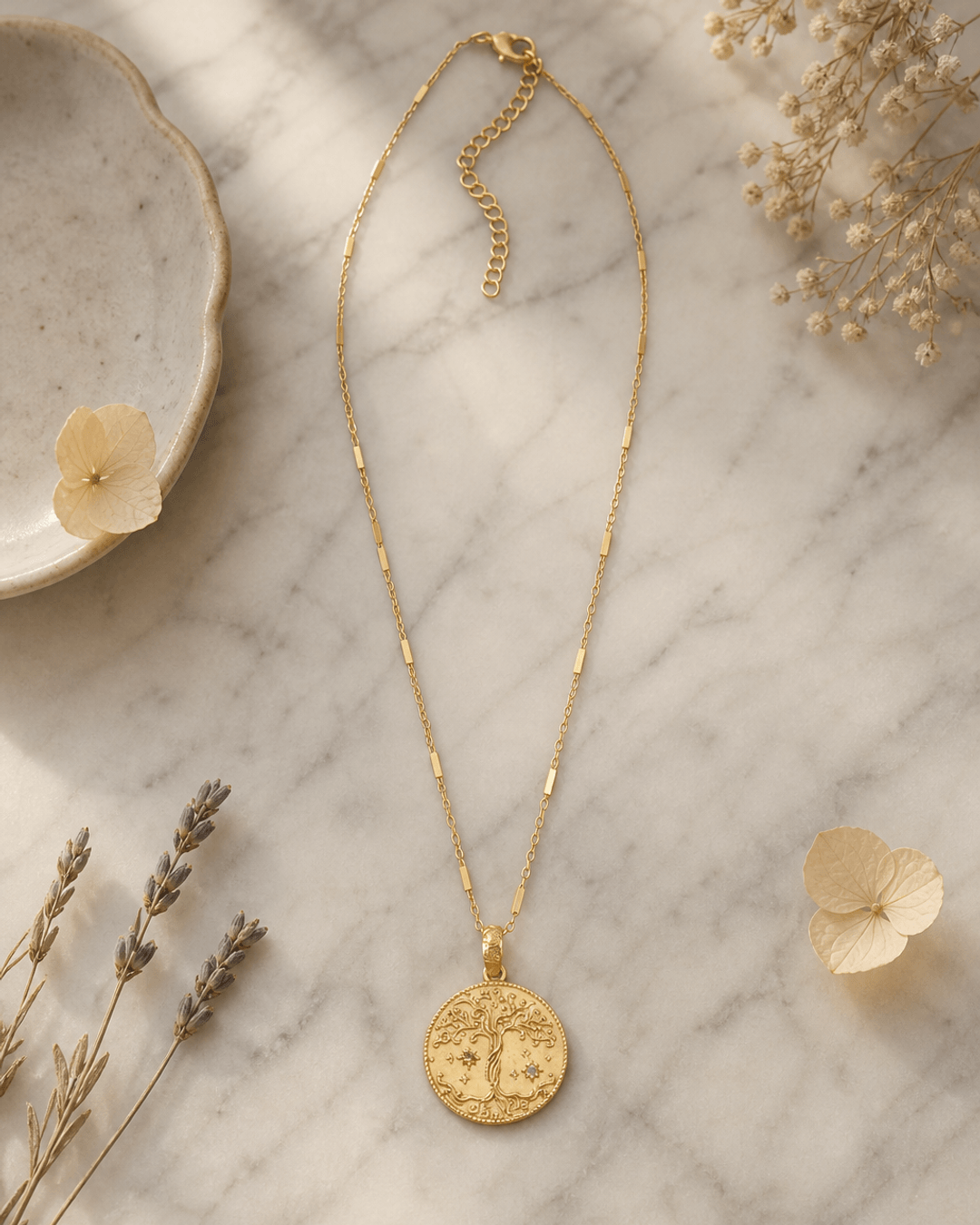 Celestial Tree of Life Gold Plated Necklace — necklaces, editorial marble lifestyle photo
