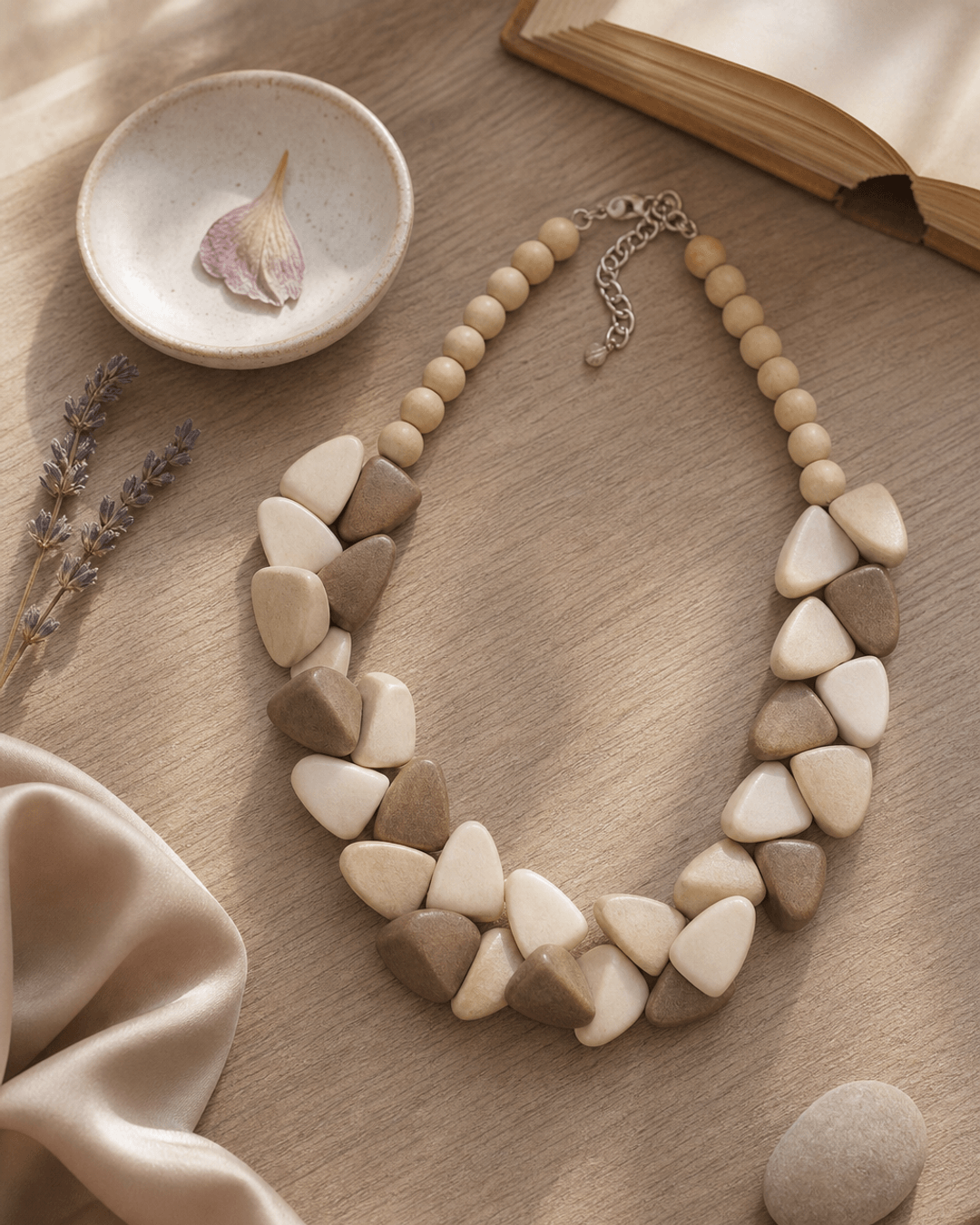 Chunky Wooden Bead Necklace with Triangular Accents — necklaces, lifestyle vanity lifestyle photo