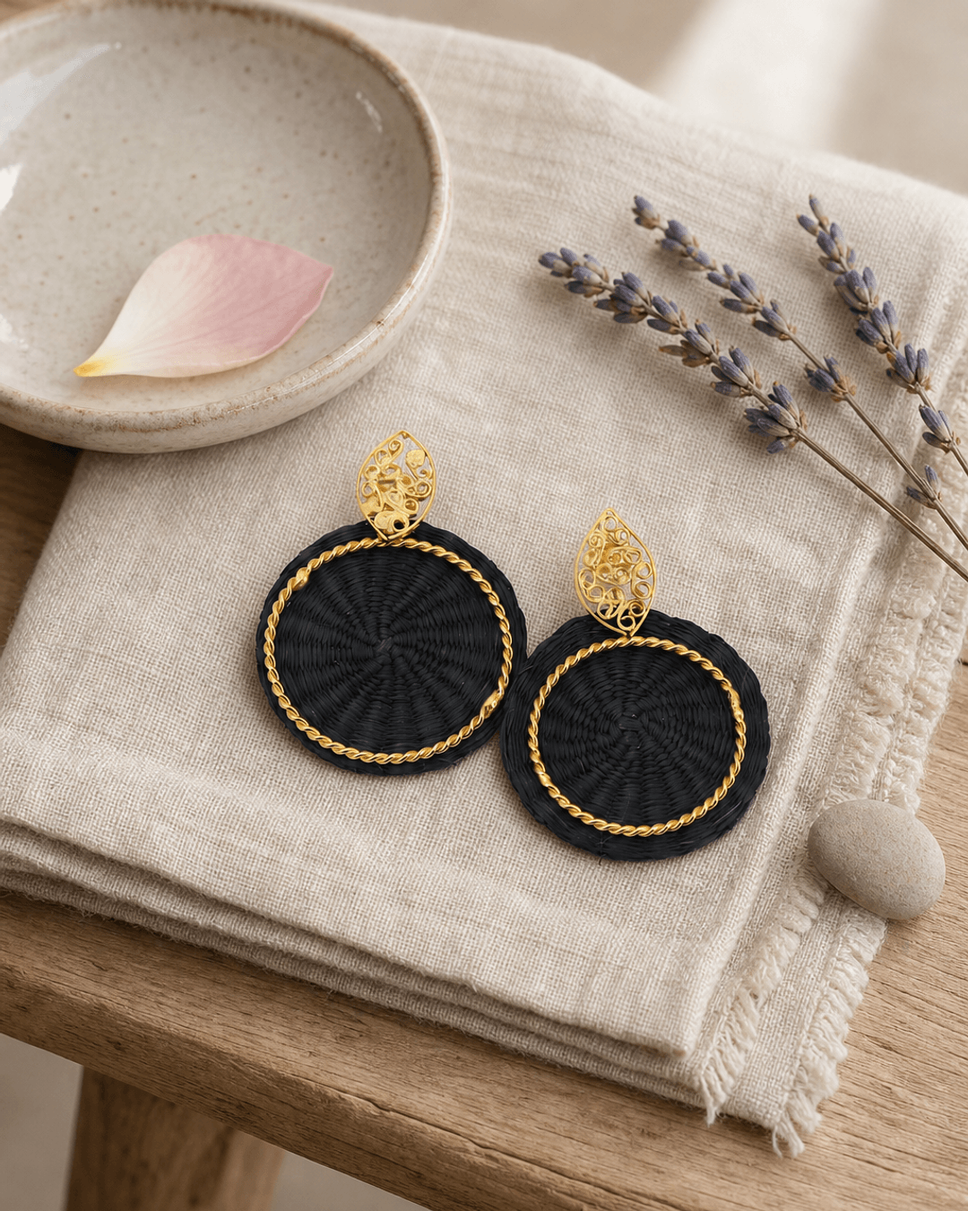Colombian Artisanal Filigree Iraca Palm Earrings — earrings, meditation corner lifestyle photo