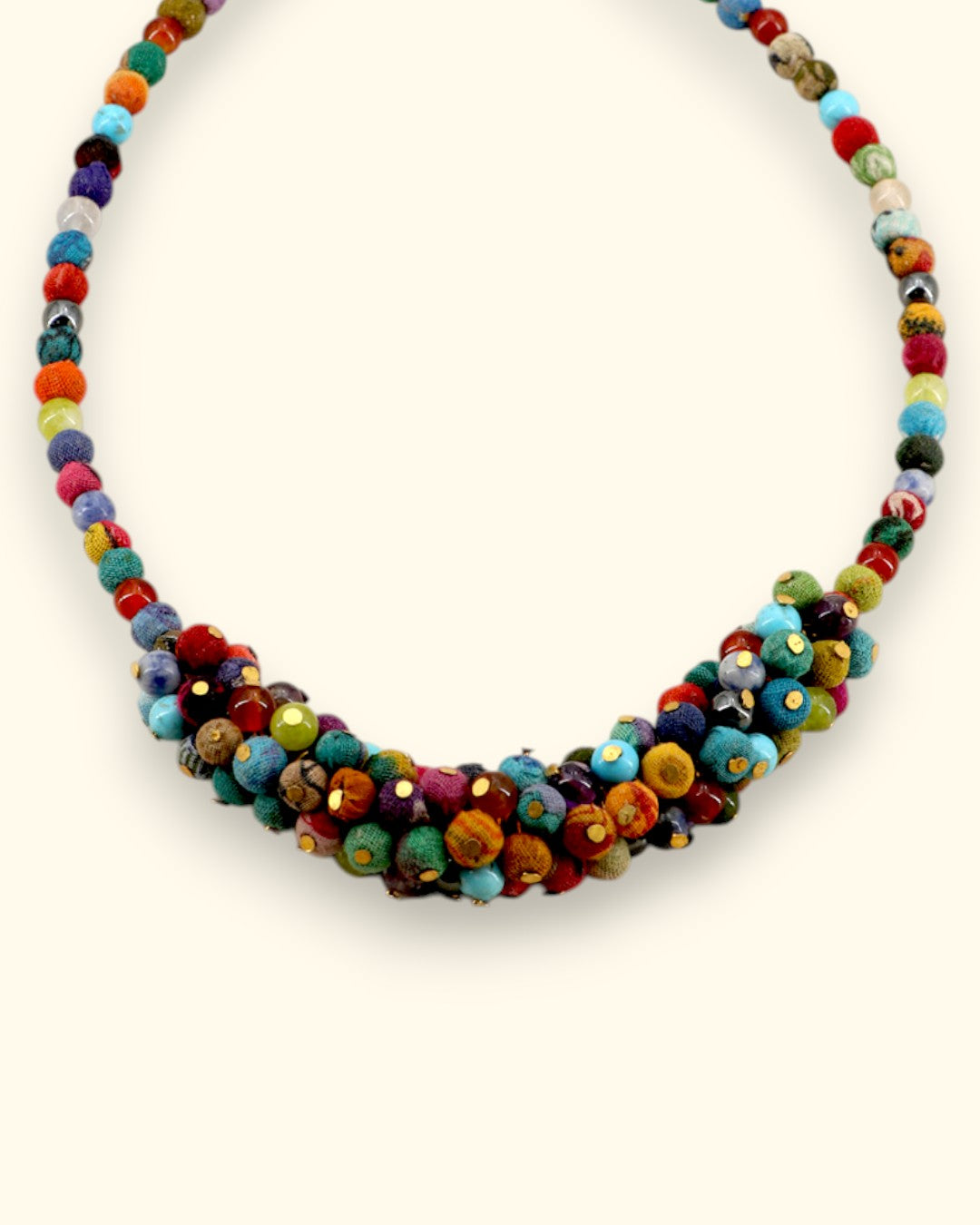 Multicolor Textile & Gemstone Cluster Necklace
