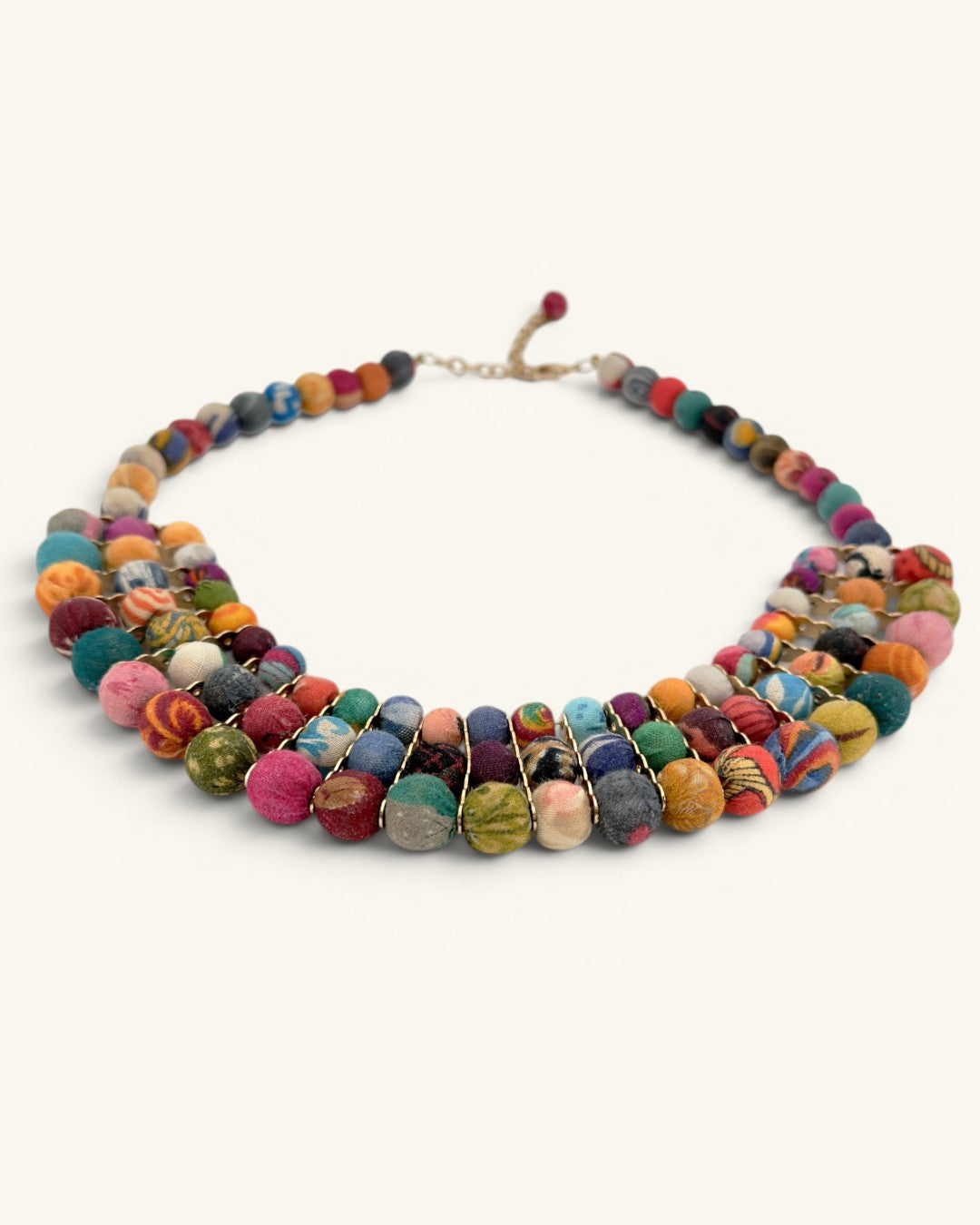 Colorful textile-wrapped bead layered necklace at three-quarter angle, showing bead row depth and gold wire threading