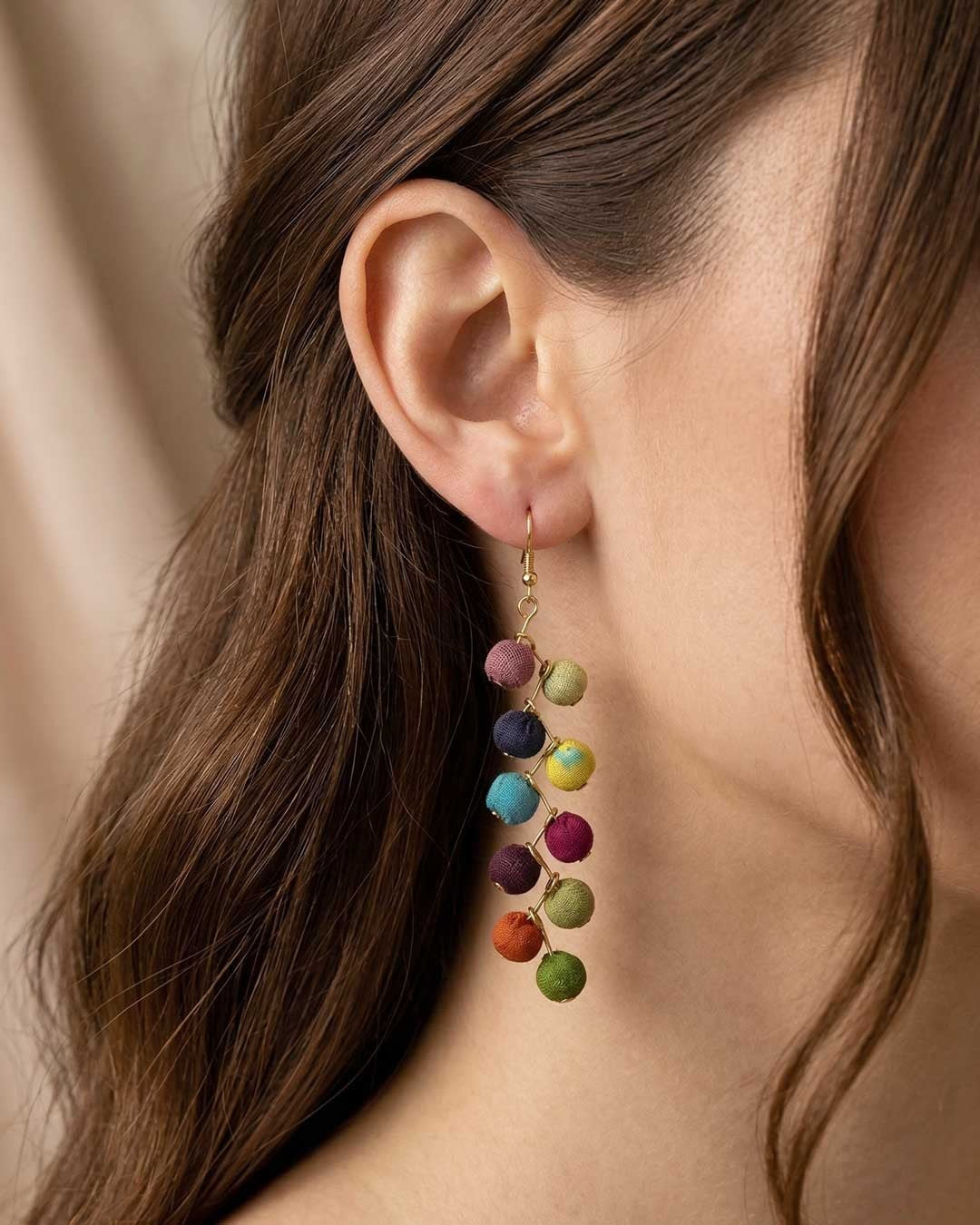 Cultural Elements Kantha multi-color bead drop earrings with cascading silhouette and geometric design, made from recycled textiles.